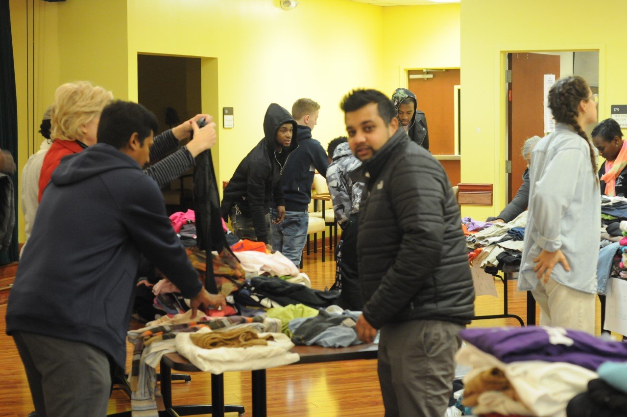 Donated clothing prepared for community members.